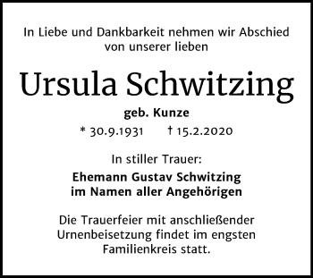 Traueranzeige von Ursula Schwitzing von Mitteldeutsche Zeitung Halle/Saalkreis