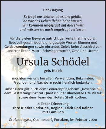 Traueranzeige von Ursula Schödel von Super Sonntag Köthen
