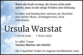 Traueranzeige von Ursula Warstat von Super Sonntag Bernburg