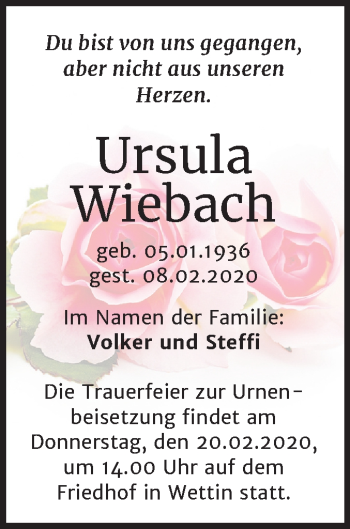 Traueranzeige von Ursula Wiebach von Mitteldeutsche Zeitung Halle/Saalkreis