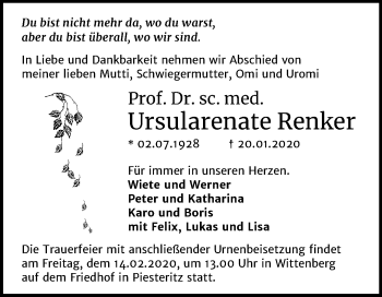 Traueranzeige von Ursularenate Renker von Super Sonntag Wittenberg