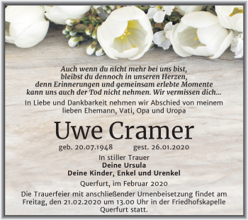 Traueranzeige von Uwe Cramer von Super Sonntag Merseburg/Querfurt
