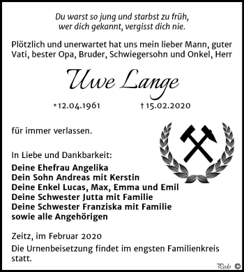 Traueranzeige von Uwe Lange von Super Sonntag Zeitz