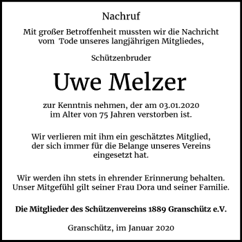 Traueranzeige von Uwe Melzer von Wochenspiegel Weißenfels
