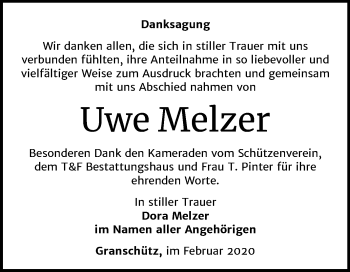 Traueranzeige von Uwe Melzer von Mitteldeutsche Zeitung Weißenfels