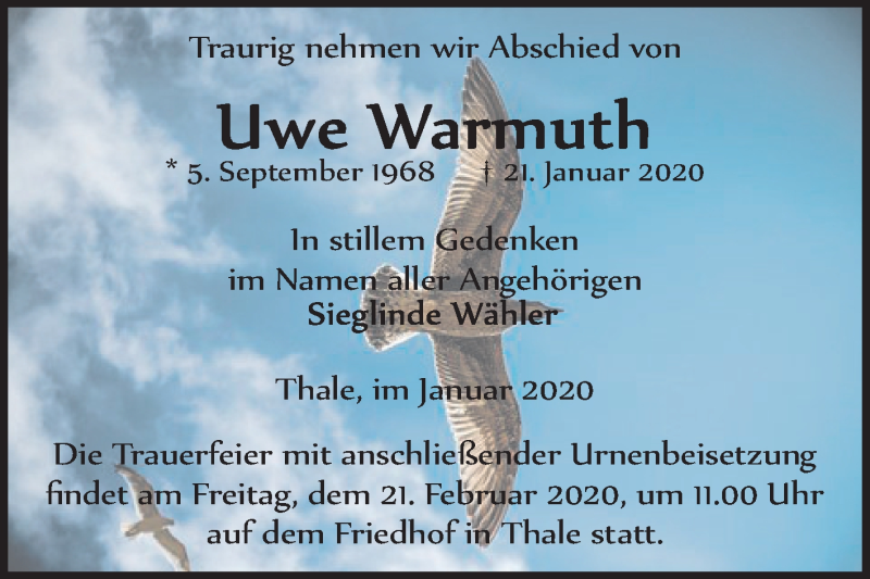  Traueranzeige für Uwe Warmuth vom 01.02.2020 aus Mitteldeutsche Zeitung Quedlinburg