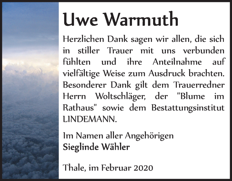  Traueranzeige für Uwe Warmuth vom 29.02.2020 aus Mitteldeutsche Zeitung Quedlinburg
