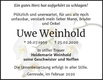 Traueranzeige von Uwe Weinhold von Mitteldeutsche Zeitung Quedlinburg