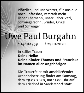 Traueranzeige von Uwe Paul Burgahn von Mitteldeutsche Zeitung Bitterfeld