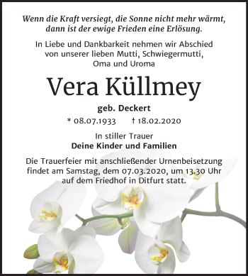 Traueranzeige von Vera Küllmey von Mitteldeutsche Zeitung Quedlinburg