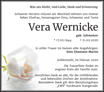Traueranzeige von Vera Wernicke von Mitteldeutsche Zeitung Mansfelder Land