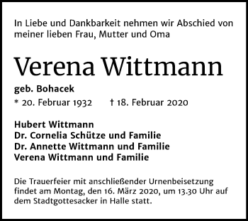 Traueranzeige von Verena Wittmann von Mitteldeutsche Zeitung Halle/Saalkreis