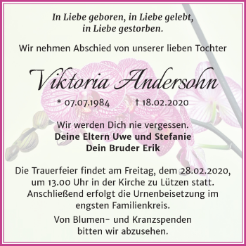 Traueranzeige von Viktoria Andersohn von Mitteldeutsche Zeitung Weißenfels