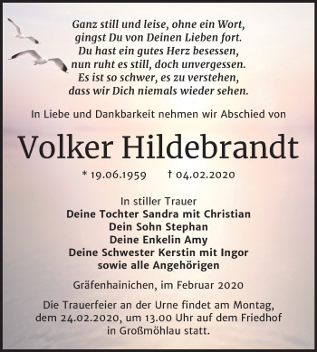 Traueranzeige von Volker Hildebrandt von Super Sonntag Wittenberg
