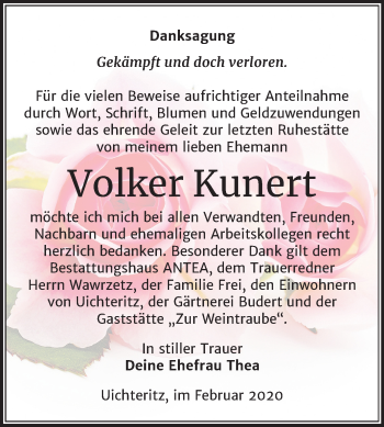 Traueranzeige von Volker Kunert von Mitteldeutsche Zeitung Weißenfels