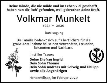 Traueranzeige von Volkmar Munkelt von Mitteldeutsche Zeitung Weißenfels