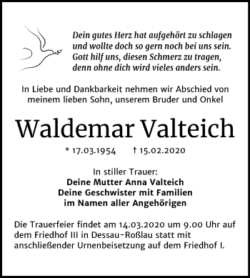Traueranzeige von Waldemar Valteich von Super Sonntag Köthen
