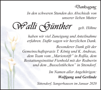 Traueranzeige von Walli Günther von Super Sonntag Sangerhausen
