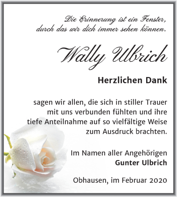 Traueranzeige von Wally Ulbrich von Super Sonntag Merseburg/Querfurt