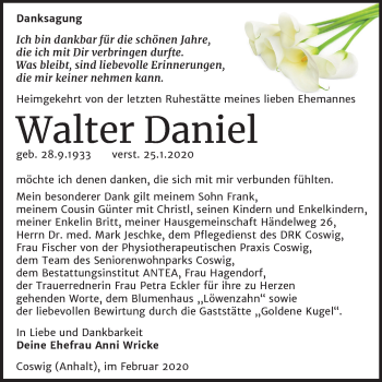 Traueranzeige von Walter Daniel von Mitteldeutsche Zeitung Wittenberg