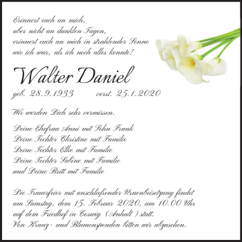 Traueranzeige von Walter Daniel von Super Sonntag Wittenberg