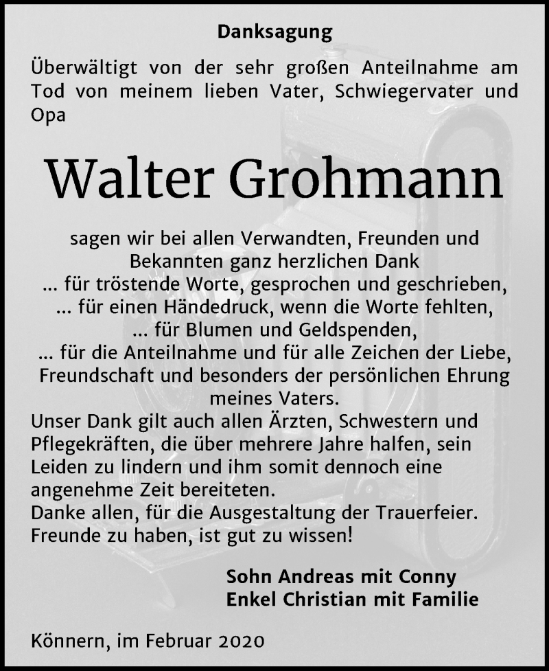  Traueranzeige für Walter Grohmann vom 15.02.2020 aus Mitteldeutsche Zeitung Bernburg
