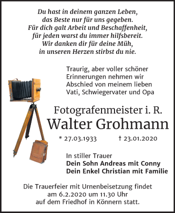 Traueranzeige von Walter Grohmann von Super Sonntag Bernburg