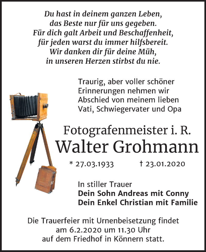  Traueranzeige für Walter Grohmann vom 01.02.2020 aus Mitteldeutsche Zeitung Bernburg