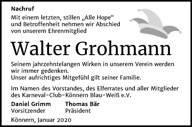  Traueranzeige für Walter Grohmann vom 01.02.2020 aus Super Sonntag Bernburg