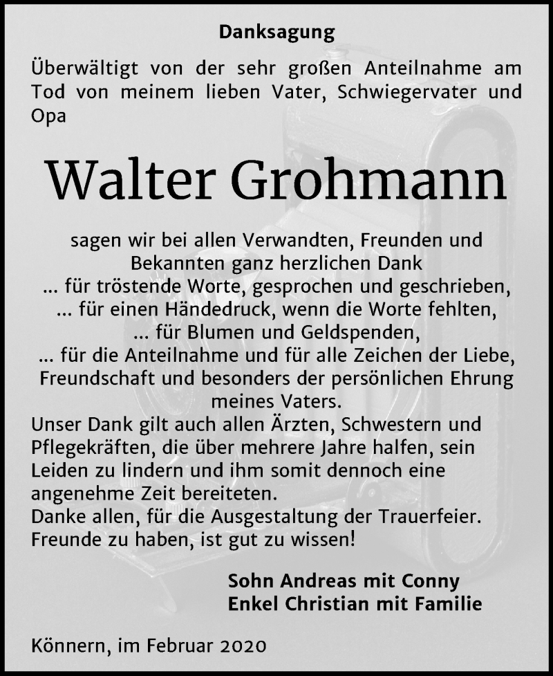  Traueranzeige für Walter Grohmann vom 15.02.2020 aus Super Sonntag Bernburg