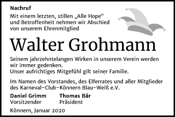 Traueranzeige von Walter Grohmann von Super Sonntag Bernburg