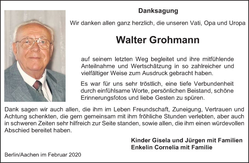  Traueranzeige für Walter Grohmann vom 27.02.2020 aus Mitteldeutsche Zeitung Bernburg