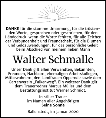 Traueranzeige von Walter Schmalle von Super Sonntag Quedlinburg