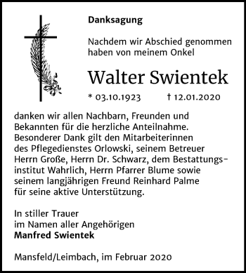 Traueranzeige von Walter Swientek von Mitteldeutsche Zeitung Mansfelder Land