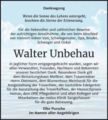 Traueranzeige von Walter Unbehau von Mitteldeutsche Zeitung Sangerhausen