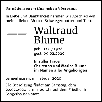 Traueranzeige von Waltraud Blume von Super Sonntag Sangerhausen