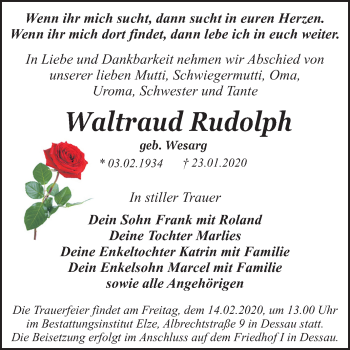 Traueranzeige von Waltraud Rudolph von Mitteldeutsche Zeitung Dessau-Roßlau