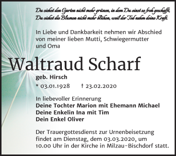 Traueranzeige von Waltraud Scharf von Super Sonntag Merseburg/Querfurt
