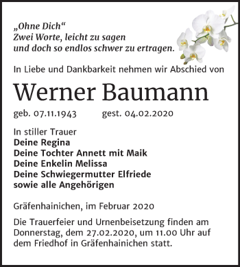 Traueranzeige von Werner Baumann von Super Sonntag Wittenberg