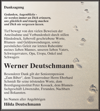 Traueranzeige von Werner Deutschmann von Super Sonntag Wittenberg