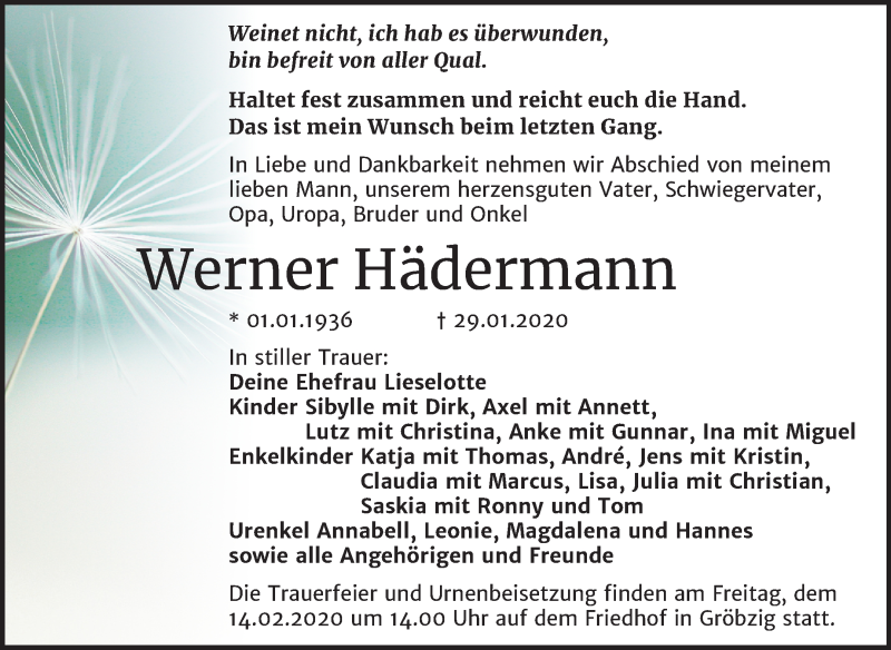  Traueranzeige für Werner Hädermann vom 05.02.2020 aus Mitteldeutsche Zeitung Köthen