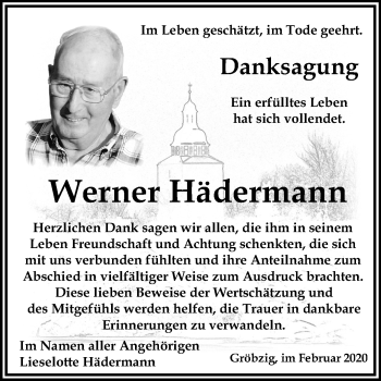 Traueranzeige von Werner Hädermann von Mitteldeutsche Zeitung Köthen