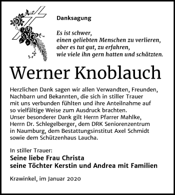 Traueranzeige von Werner Knoblauch von Wochenspiegel Naumburg/Nebra