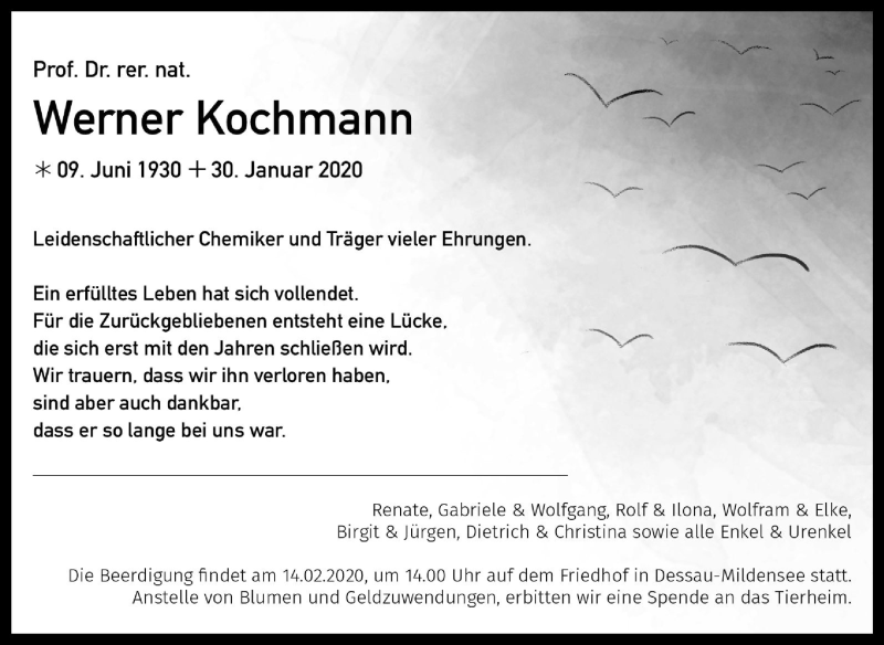  Traueranzeige für Werner Kochmann vom 08.02.2020 aus Mitteldeutsche Zeitung Dessau-Roßlau