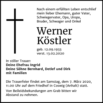 Traueranzeige von Werner Köstler von Super Sonntag Wittenberg