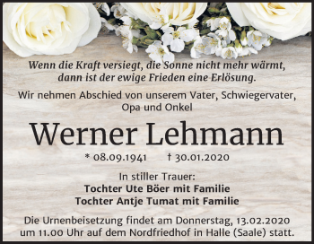 Traueranzeige von Werner Lehmann von Mitteldeutsche Zeitung Halle/Saalkreis