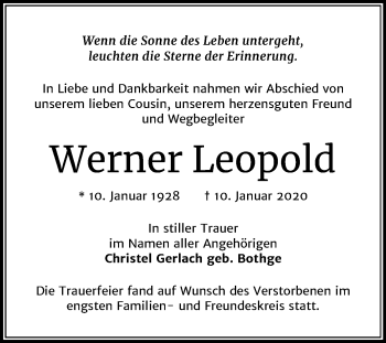 Traueranzeige von Werner Leopold von Mitteldeutsche Zeitung Quedlinburg