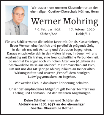 Traueranzeige von Werner Mohring von Super Sonntag Köthen