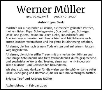 Traueranzeige von Werner Müller von Super Sonntag Aschersleben