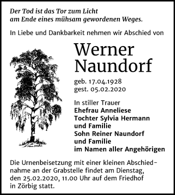 Traueranzeige von Werner Naundorf von Wochenspiegel Bitterfeld